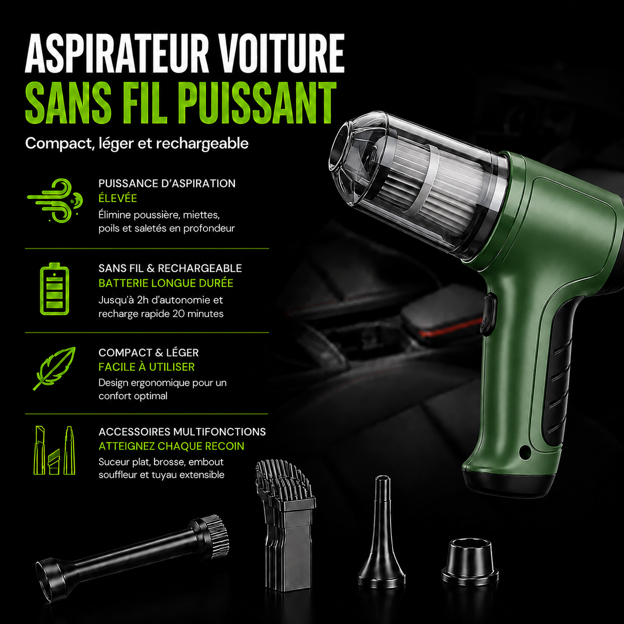 Aspirateur Voiture Sans Fil Puissant Optimo™ PRO
