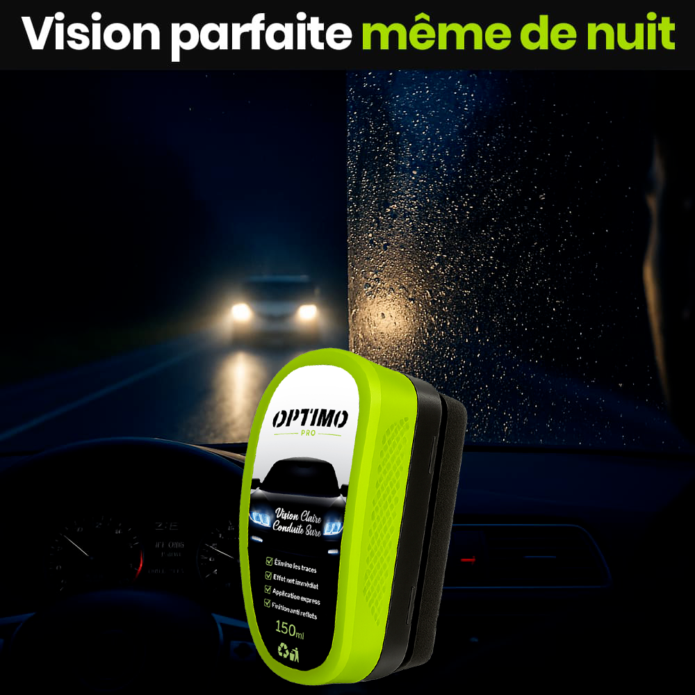 Éponge Hydrophobe Optimo™ PRO utilisée sur pare-brise de voiture – vision claire et sans reflets même de nuit sous la pluie, conduite sécurisée grâce à l’effet déperlant et anti-buée du traitement hydrophobe.