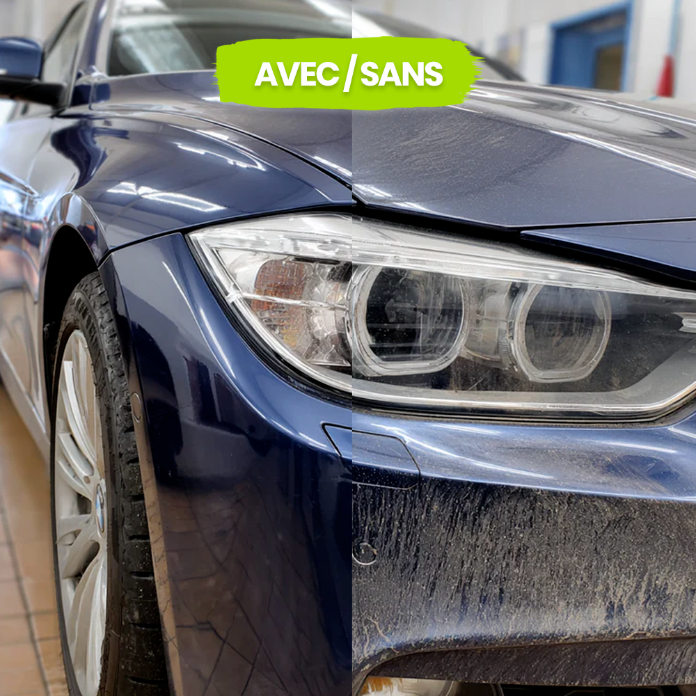 Comparatif avec et sans Spray Céramique Optimo™ PRO sur carrosserie bleue – à gauche peinture brillante, à droite surface terne et encrassée. Protection céramique visible.