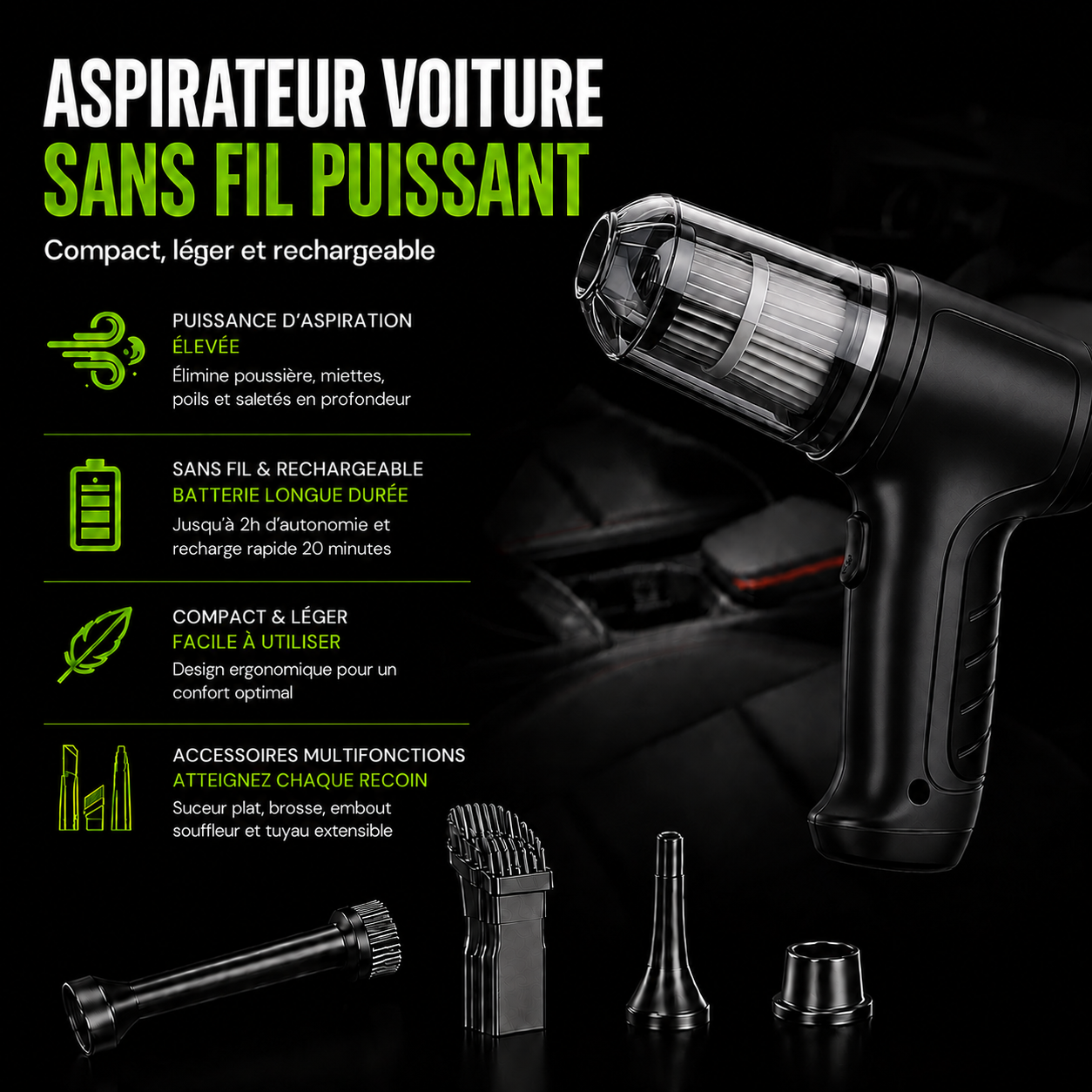 Aspirateur Voiture Sans Fil Puissant Optimo™ PRO