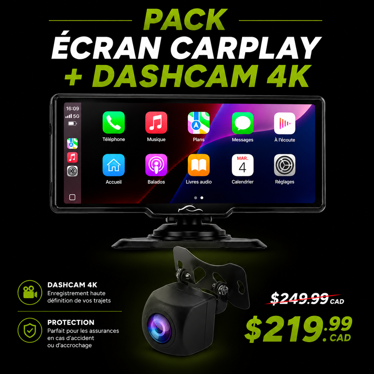 Écran CarPlay + DashCam 4K