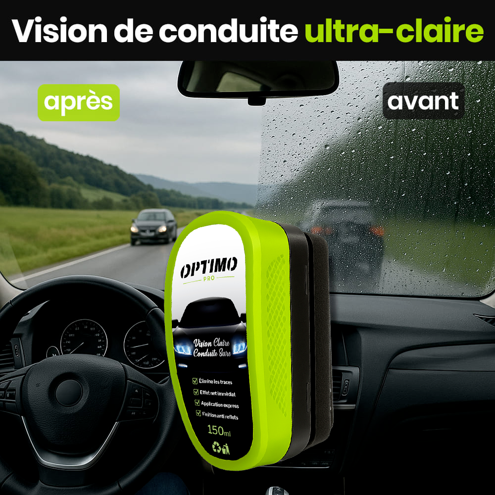 Comparatif avant/après du traitement déperlant Optimo™ PRO sur pare-brise de voiture – vision floue avec la pluie à gauche, visibilité claire et nette à droite grâce à l’effet hydrophobe.