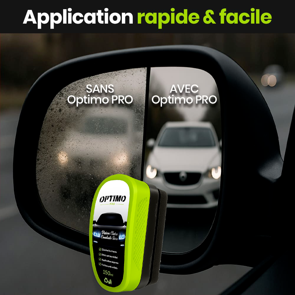 Comparatif sur rétroviseur de voiture avec et sans Optimo™ PRO – à gauche vitre embuée et floue, à droite vision nette grâce à l’effet déperlant et anti-buée du traitement hydrophobe.