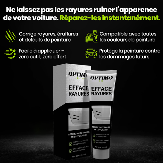Efface Rayures Optimo™ PRO – rénovateur de peinture auto qui corrige rayures, éraflures et défauts de vernis, facile à appliquer, compatible avec toutes les couleurs de carrosserie.