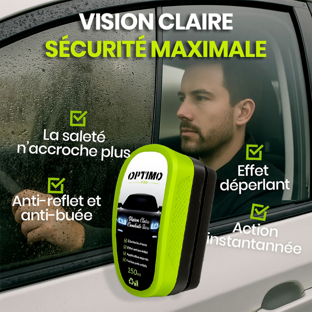 Éponge Hydrophobe Optimo™ PRO appliquée sur vitre latérale de voiture – effet déperlant, anti-buée et anti-reflet pour une vision claire et une sécurité maximale sous la pluie.