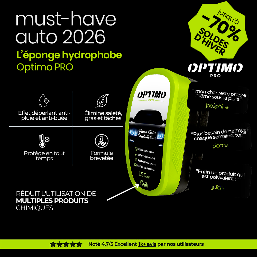 Éponge Hydrophobe Optimo™ PRO – nettoyant tout-en-un pour pare-brise et vitres, effet anti-pluie et anti-buée instantané. Soldes d'hiver jusqu’à -70 %.