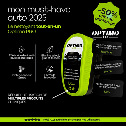 Éponge Hydrophobe Optimo™ PRO – nettoyant auto tout-en-un à effet déperlant anti-pluie et anti-buée, élimine saleté et traces, protège en tout temps, offre spéciale de printemps à -50 %.