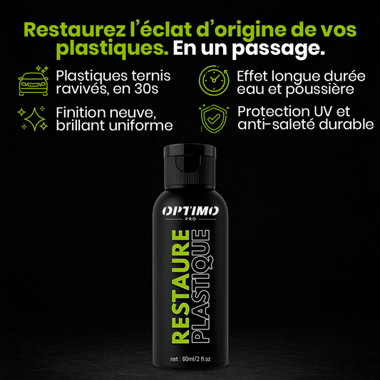 Optimo™ PRO Plastic Restorer displayed on a black background – revives faded plastics in 30 seconds, provides a like-new glossy finish, and offers long-lasting protection against water, dust, and UV rays.