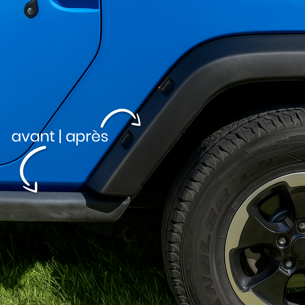 Comparatif avant après de l’application du Restaure Plastique Optimo™ PRO sur les plastiques extérieurs d’un véhicule. La partie gauche est terne et grise, la partie droite retrouve un noir profond et uniforme. Rénovateur longue durée pour pare-chocs et contours d’ailes de voiture.