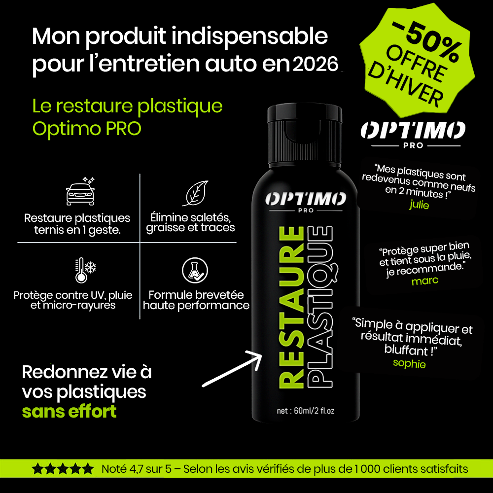 Restaure Plastique Optimo™ PRO – ravive la couleur et protège les plastiques intérieurs et extérieurs de votre voiture. Offre d'hiver -50%.